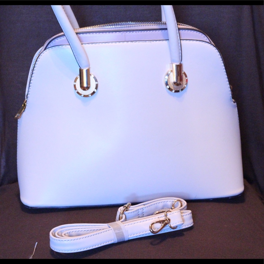 Tan and light purple purse